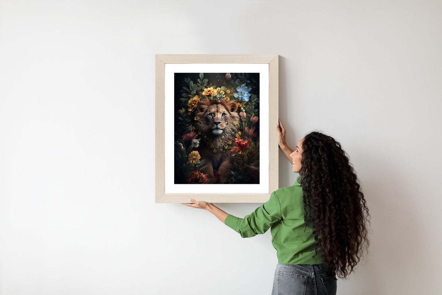 Poster Porträt Eines Löwen Inmitten Von Blumen Rahmen Holz Mit Passepartout Farbe Natürlich