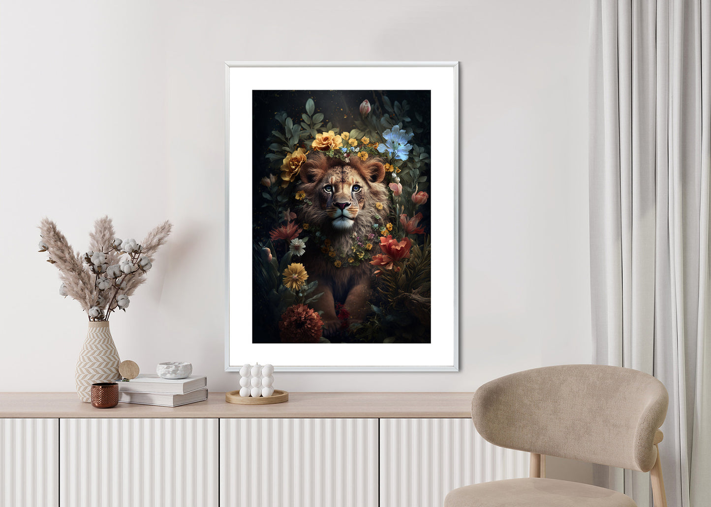 Poster Porträt Eines Löwen Inmitten Von Blumen Rahmen Holz Mit Passepartout Farbe Natürlich