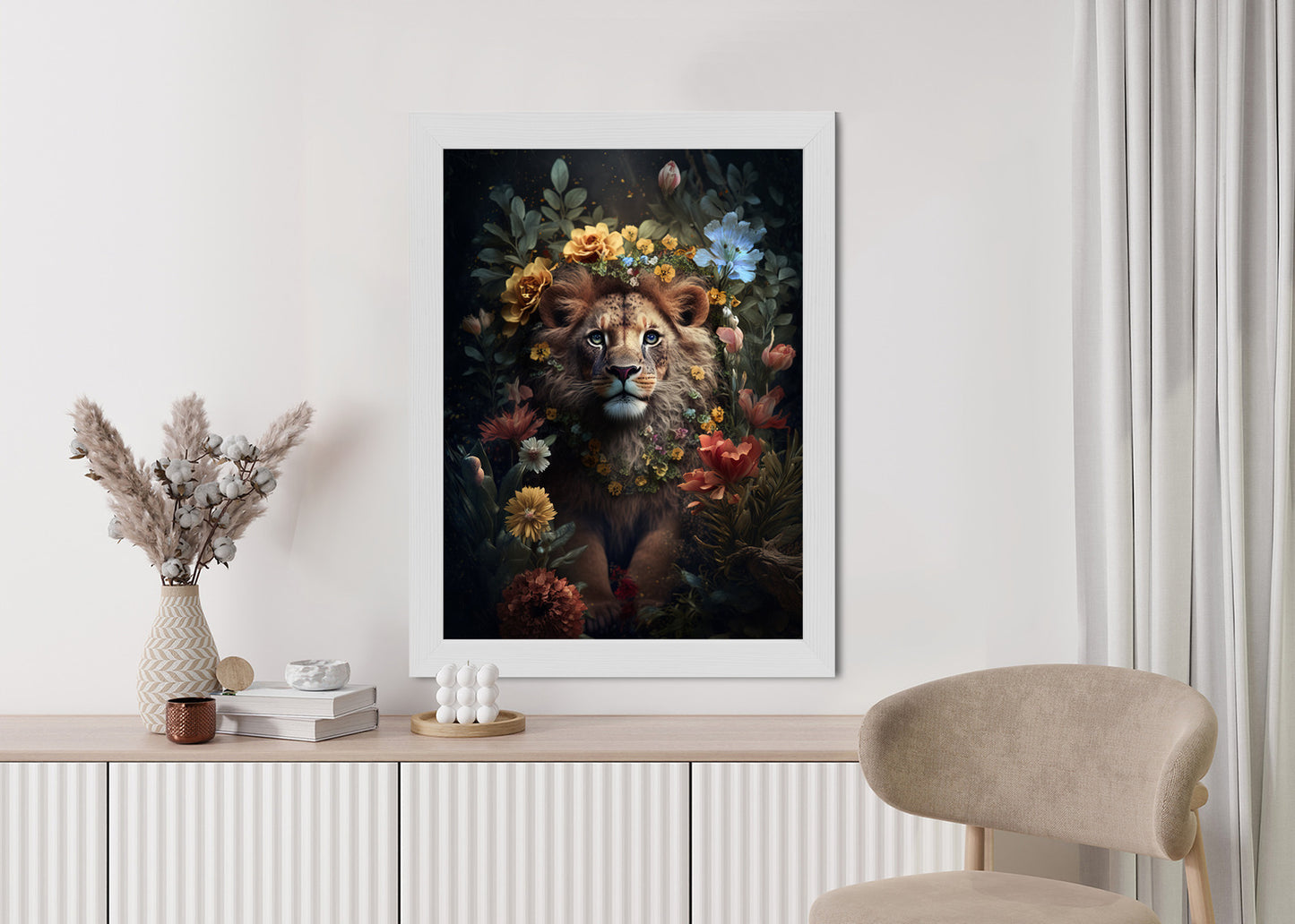 Poster Porträt Eines Löwen Inmitten Von Blumen Rahmen Holz Mit Passepartout Farbe Natürlich