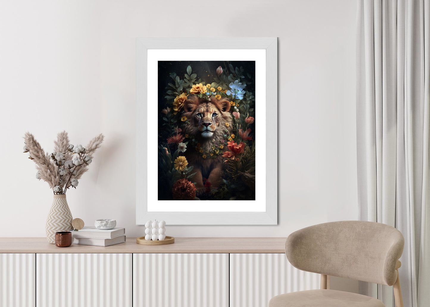 Poster Porträt Eines Löwen Inmitten Von Blumen Rahmen Holz Mit Passepartout Farbe Natürlich