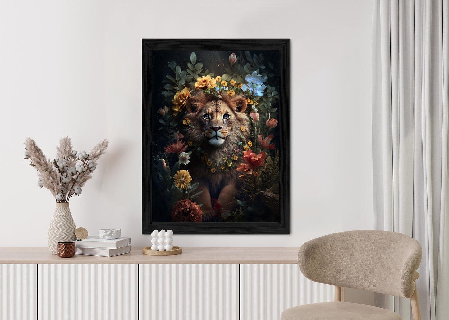 Poster Porträt Eines Löwen Inmitten Von Blumen Rahmen Holz Mit Passepartout Farbe Natürlich