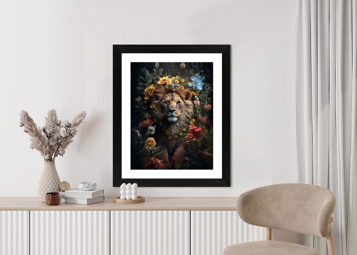 Poster Porträt Eines Löwen Inmitten Von Blumen Rahmen Holz Mit Passepartout Farbe Natürlich