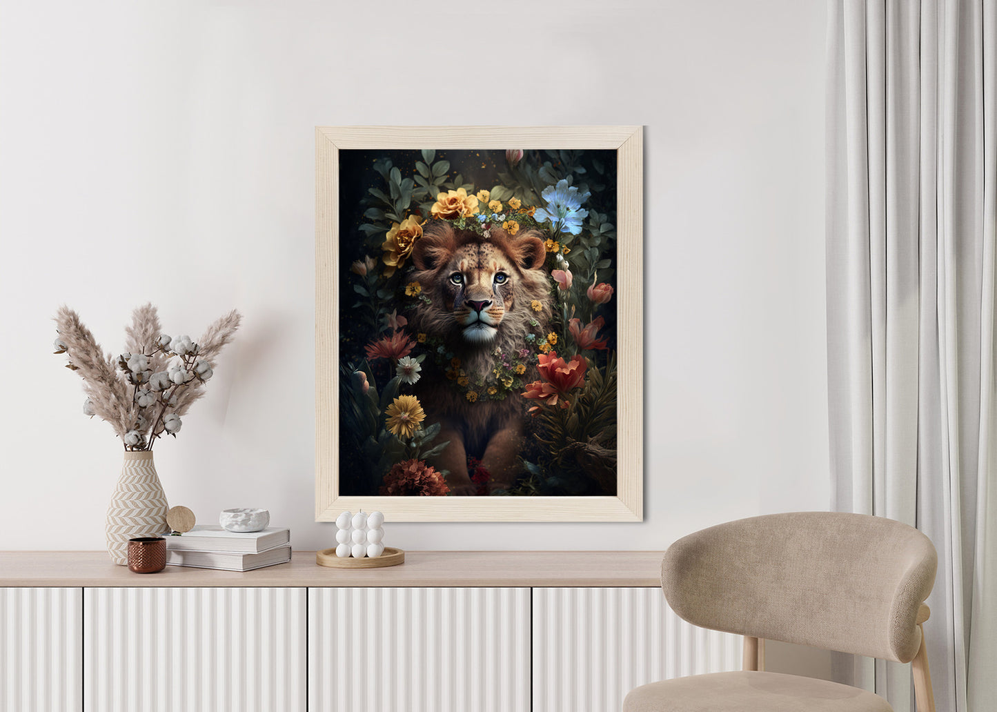 Poster Porträt Eines Löwen Inmitten Von Blumen Rahmen Holz Mit Passepartout Farbe Natürlich