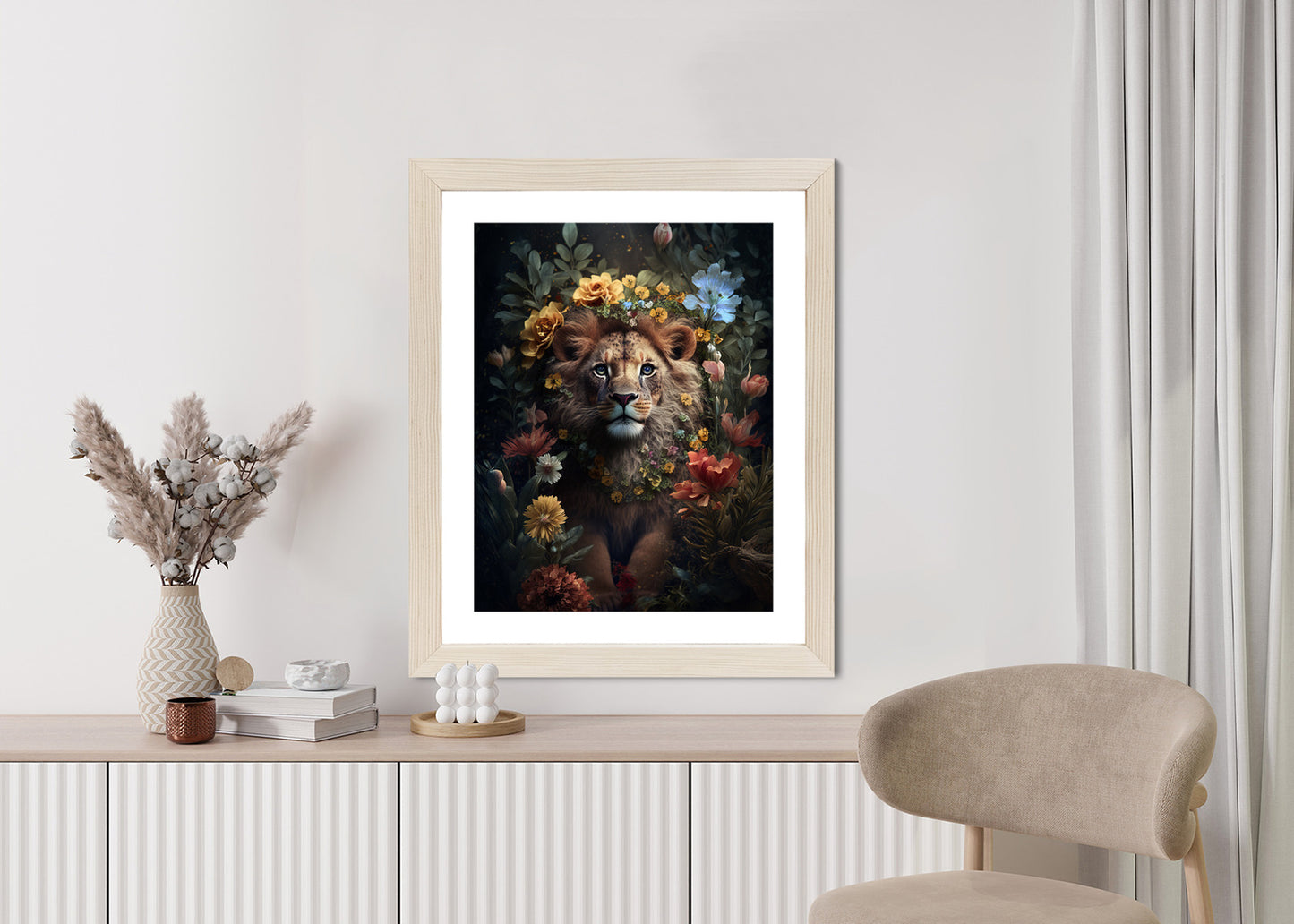 Poster Porträt Eines Löwen Inmitten Von Blumen Rahmen Holz Mit Passepartout Farbe Natürlich