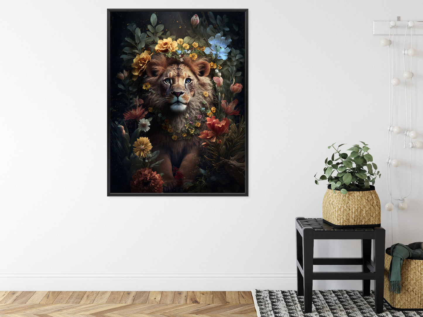 Poster Porträt Eines Löwen Inmitten Von Blumen Rahmen Holz Mit Passepartout Farbe Natürlich