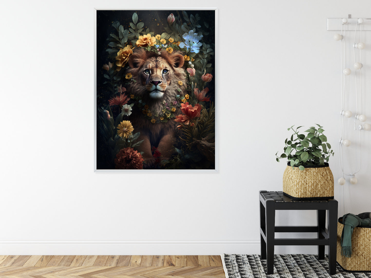 Poster Porträt Eines Löwen Inmitten Von Blumen Rahmen Holz Mit Passepartout Farbe Natürlich