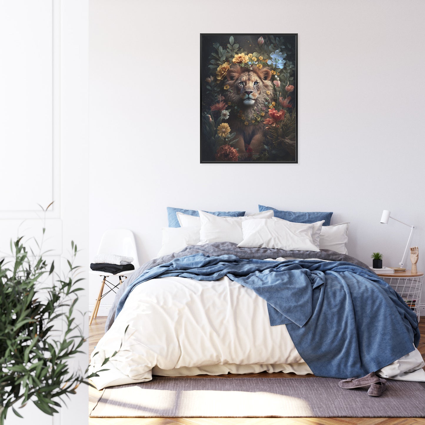 Poster Porträt Eines Löwen Inmitten Von Blumen Rahmen Holz Mit Passepartout Farbe Natürlich