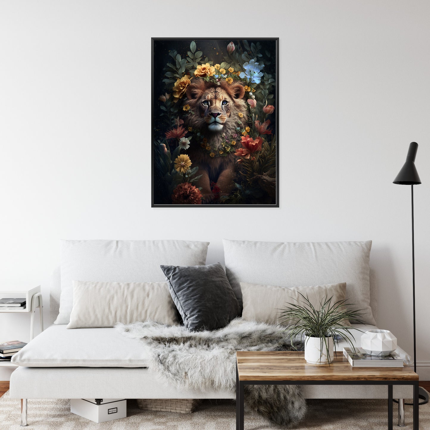 Poster Porträt Eines Löwen Inmitten Von Blumen Rahmen Holz Mit Passepartout Farbe Natürlich