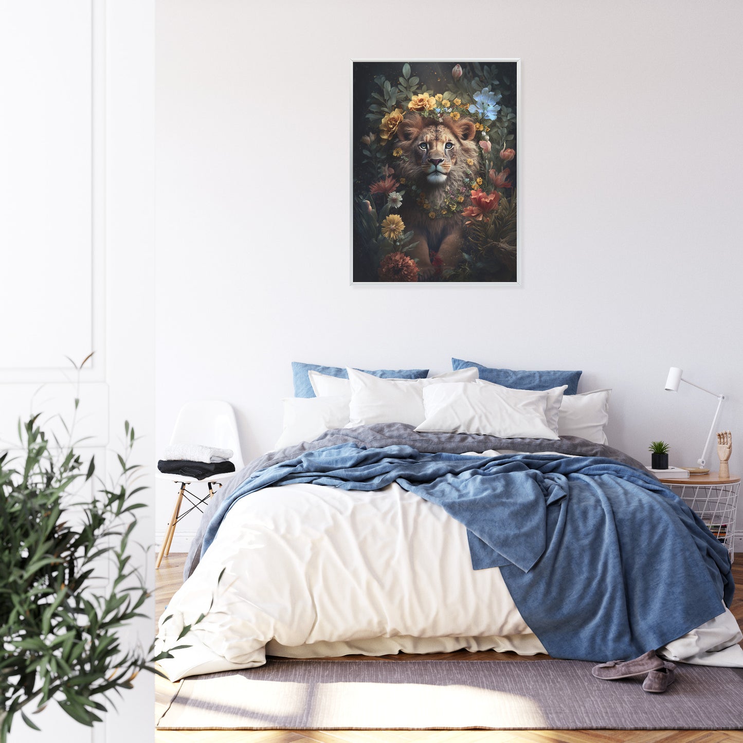 Poster Porträt Eines Löwen Inmitten Von Blumen Rahmen Holz Mit Passepartout Farbe Natürlich