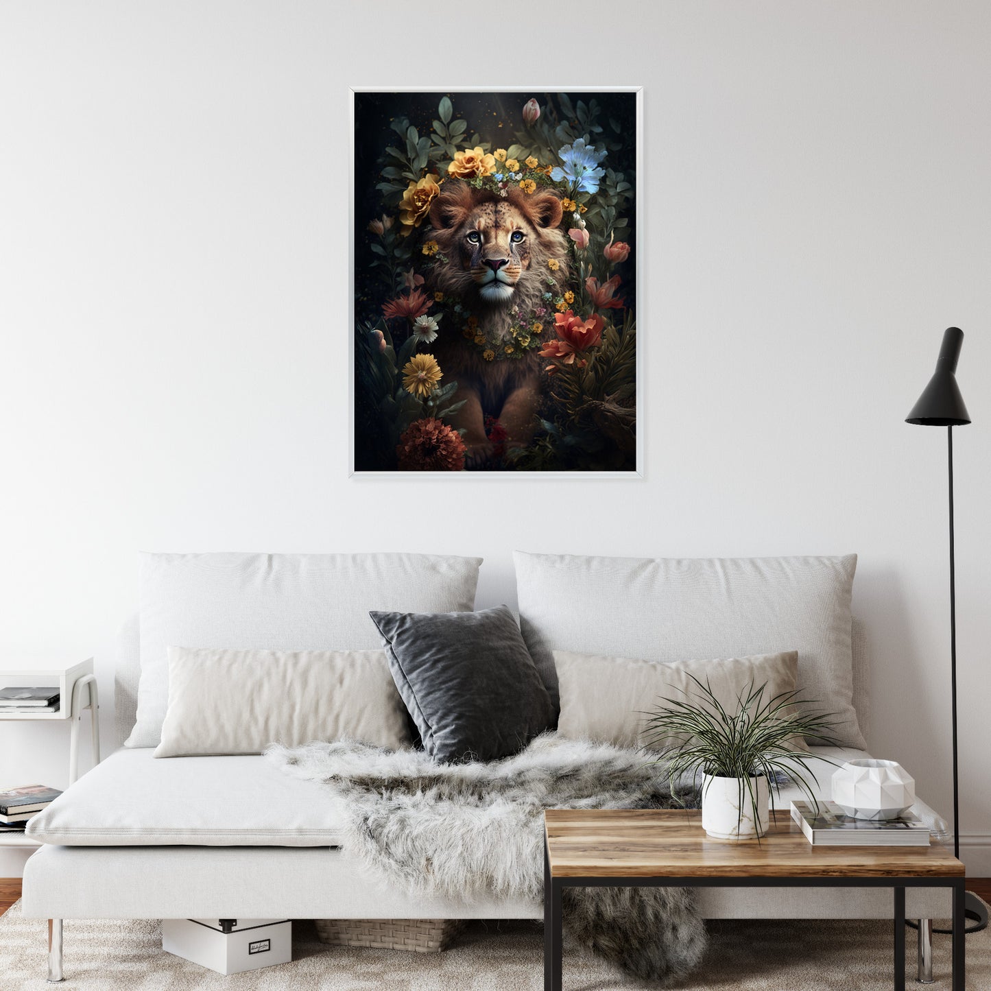 Poster Porträt Eines Löwen Inmitten Von Blumen Rahmen Holz Mit Passepartout Farbe Natürlich