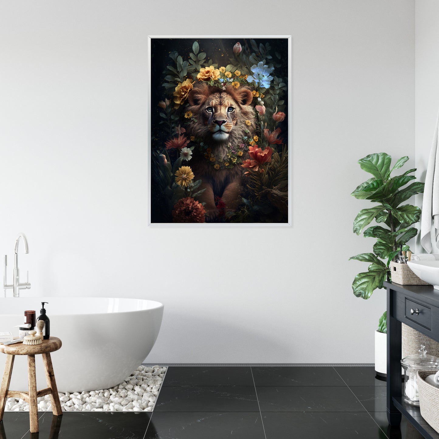Poster Porträt Eines Löwen Inmitten Von Blumen Rahmen Holz Mit Passepartout Farbe Natürlich