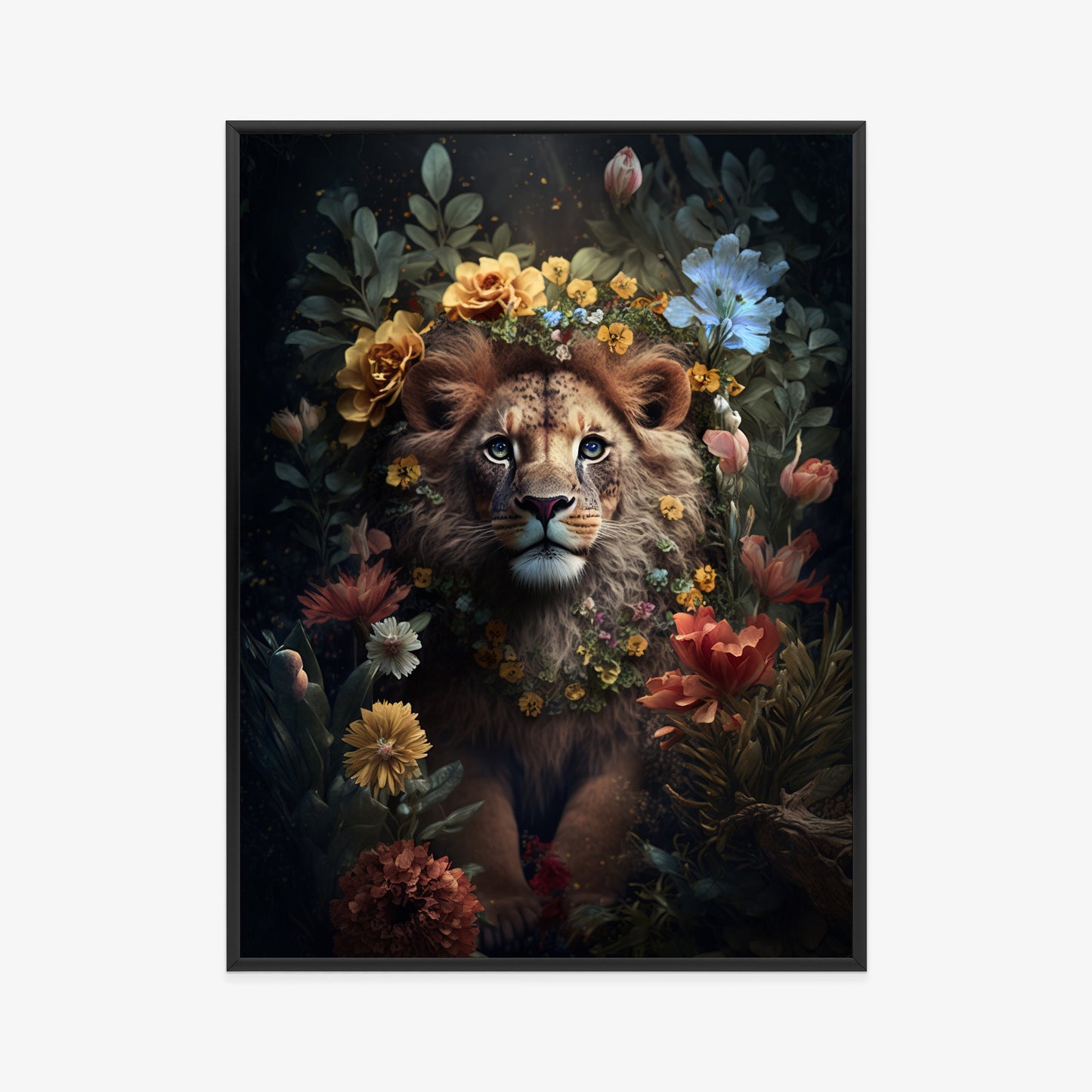 Poster Porträt Eines Löwen Inmitten Von Blumen Rahmen Holz Mit Passepartout Farbe Natürlich
