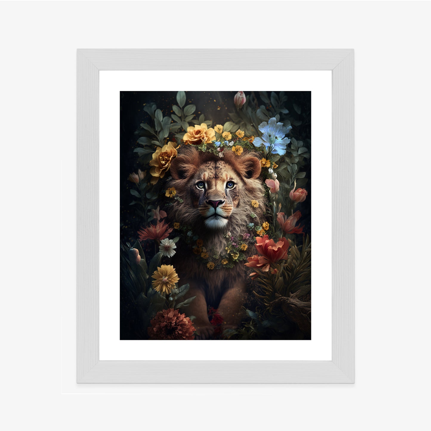 Poster Porträt Eines Löwen Inmitten Von Blumen Rahmen Holz Mit Passepartout Farbe Natürlich