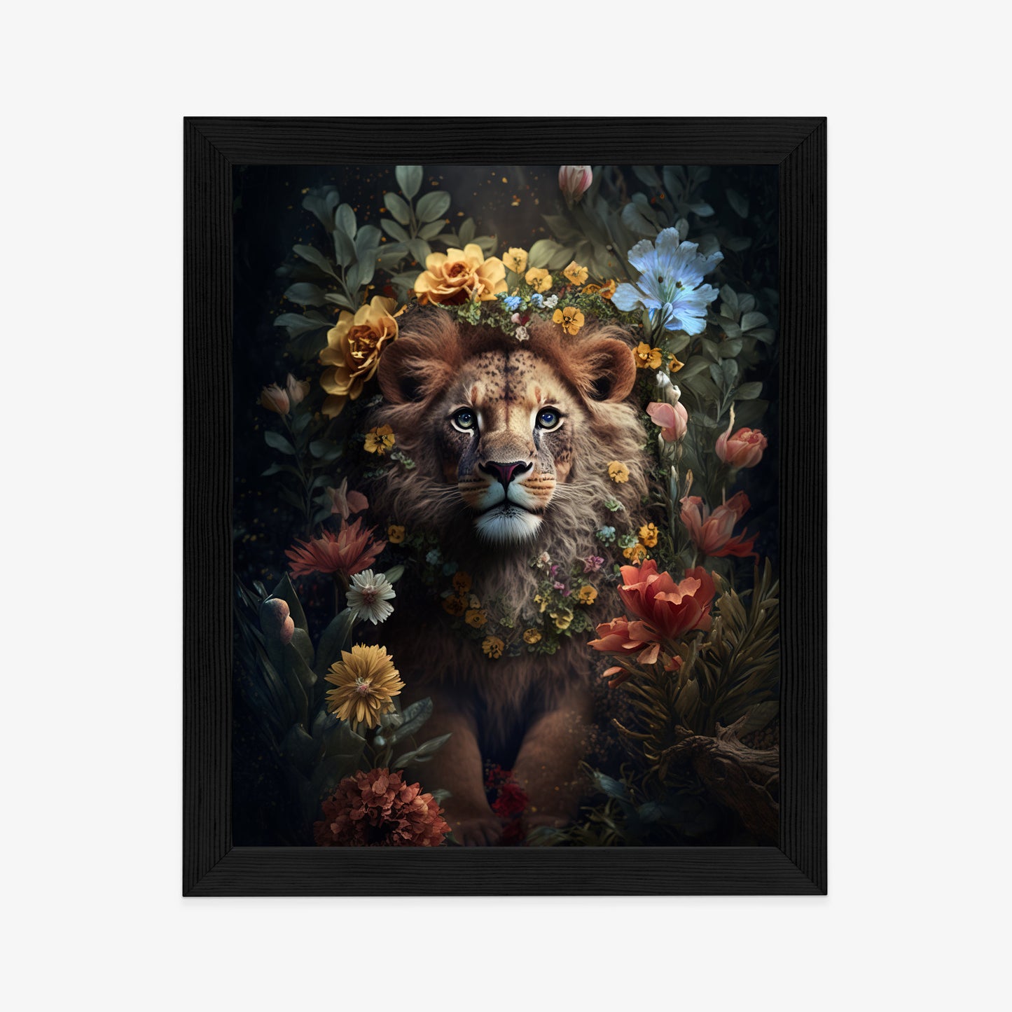 Poster Porträt Eines Löwen Inmitten Von Blumen Rahmen Holz Mit Passepartout Farbe Natürlich