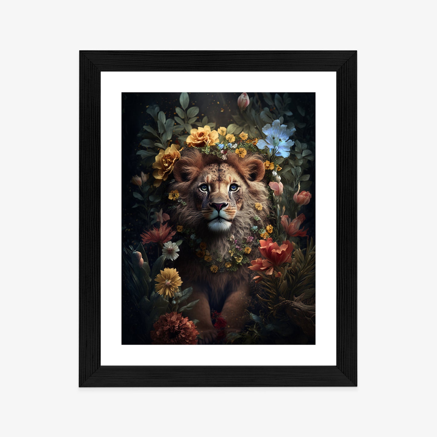 Poster Porträt Eines Löwen Inmitten Von Blumen Rahmen Holz Mit Passepartout Farbe Natürlich