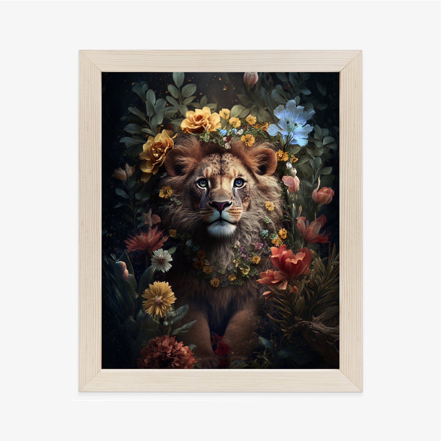 Poster Porträt Eines Löwen Inmitten Von Blumen Rahmen Holz Mit Passepartout Farbe Natürlich