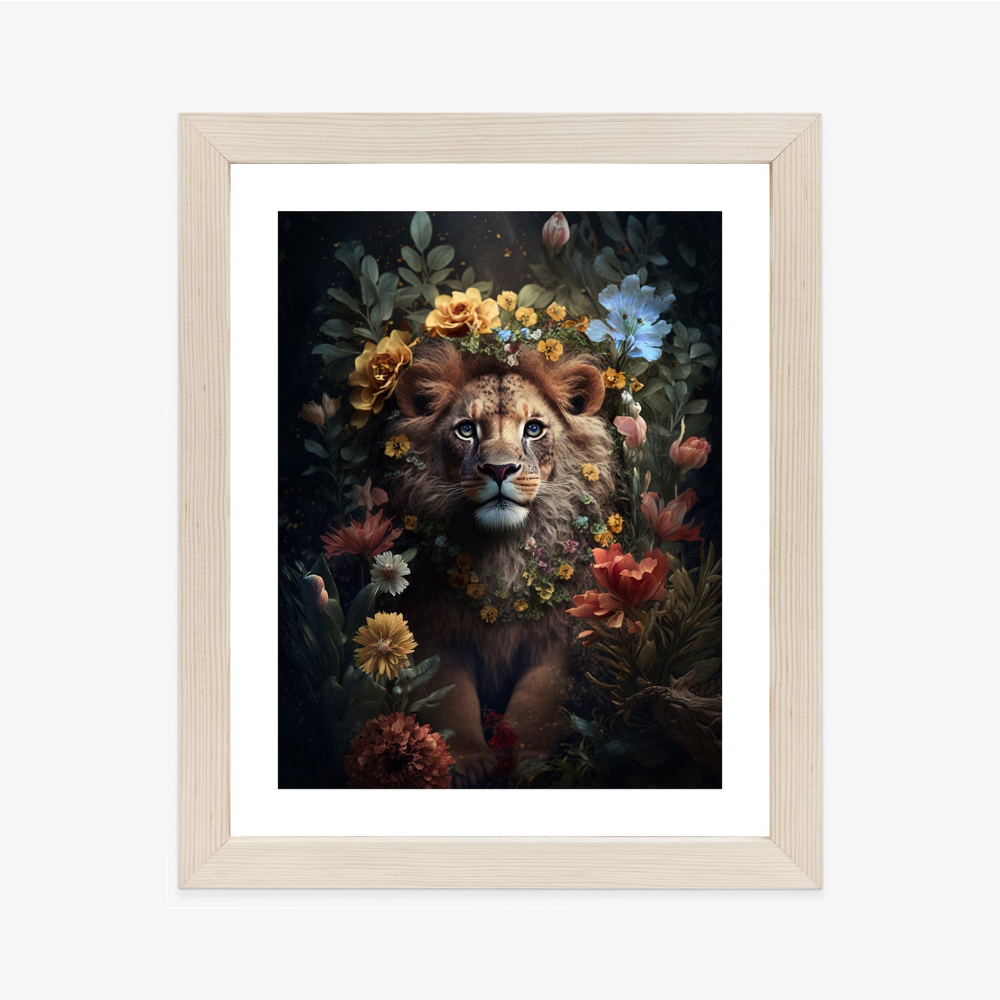 Poster Porträt Eines Löwen Inmitten Von Blumen Rahmen Holz Mit Passepartout Farbe Natürlich