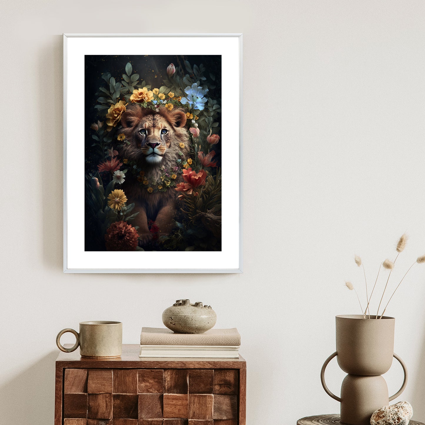 Poster Porträt Eines Löwen Inmitten Von Blumen Rahmen Holz Mit Passepartout Farbe Natürlich