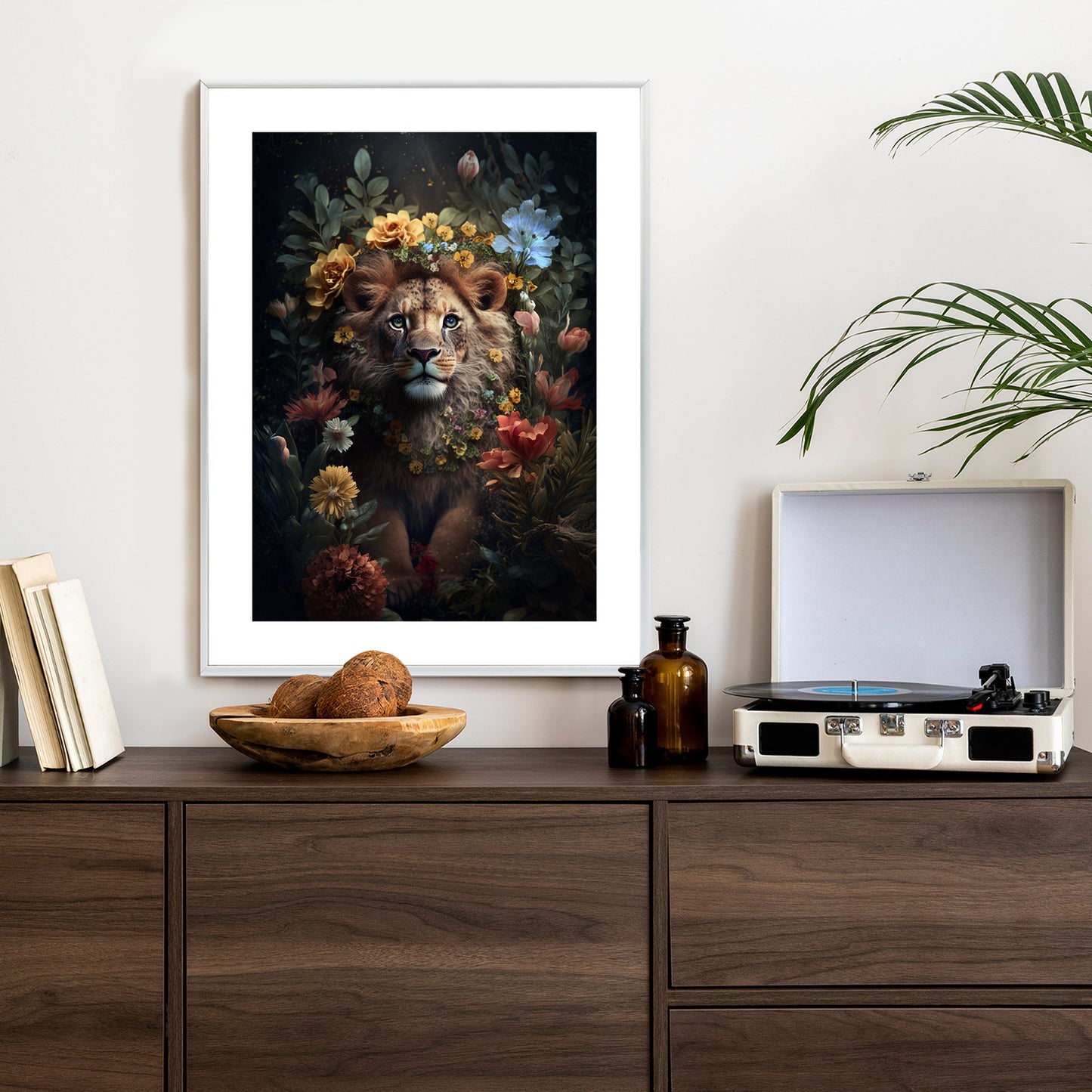 Poster Porträt Eines Löwen Inmitten Von Blumen Rahmen Holz Mit Passepartout Farbe Natürlich