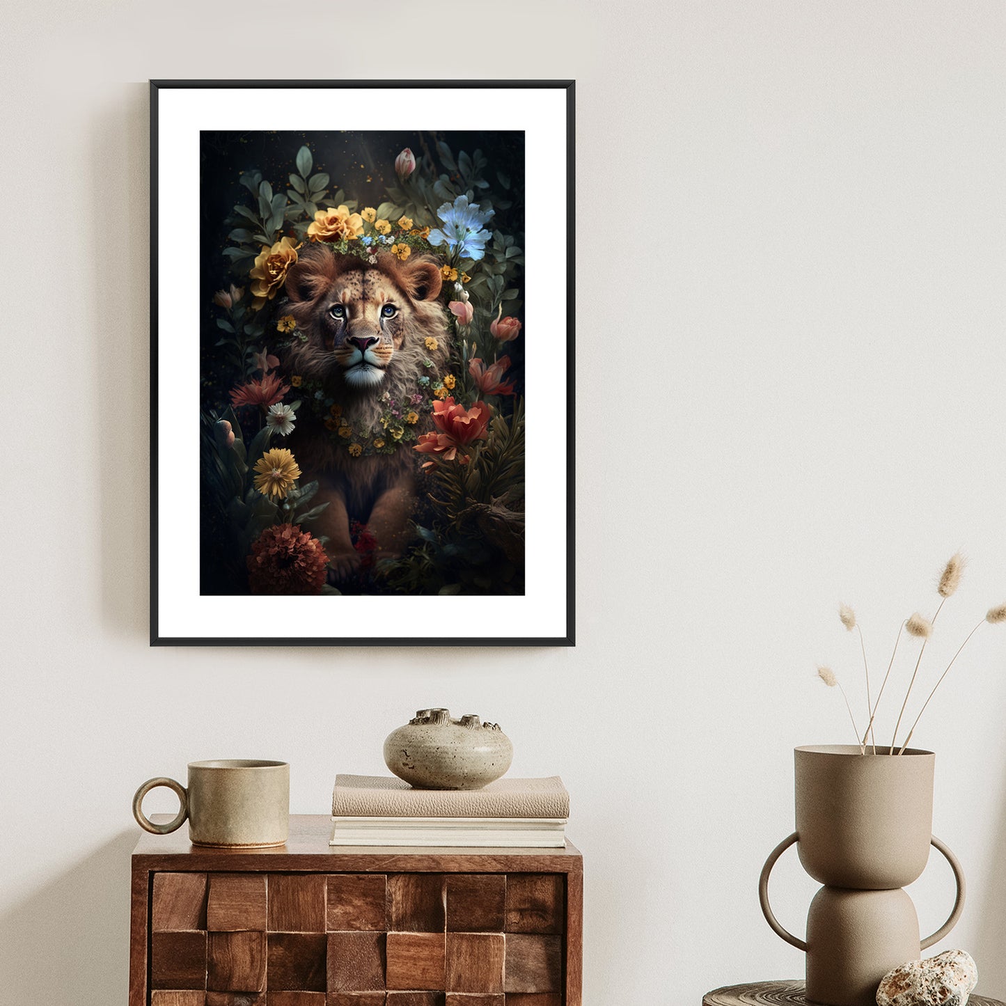 Poster Porträt Eines Löwen Inmitten Von Blumen Rahmen Holz Mit Passepartout Farbe Natürlich