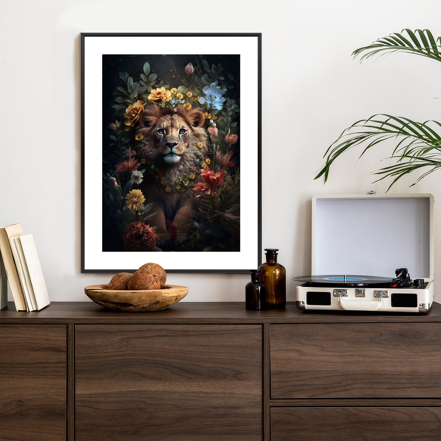 Poster Porträt Eines Löwen Inmitten Von Blumen Rahmen Holz Mit Passepartout Farbe Natürlich