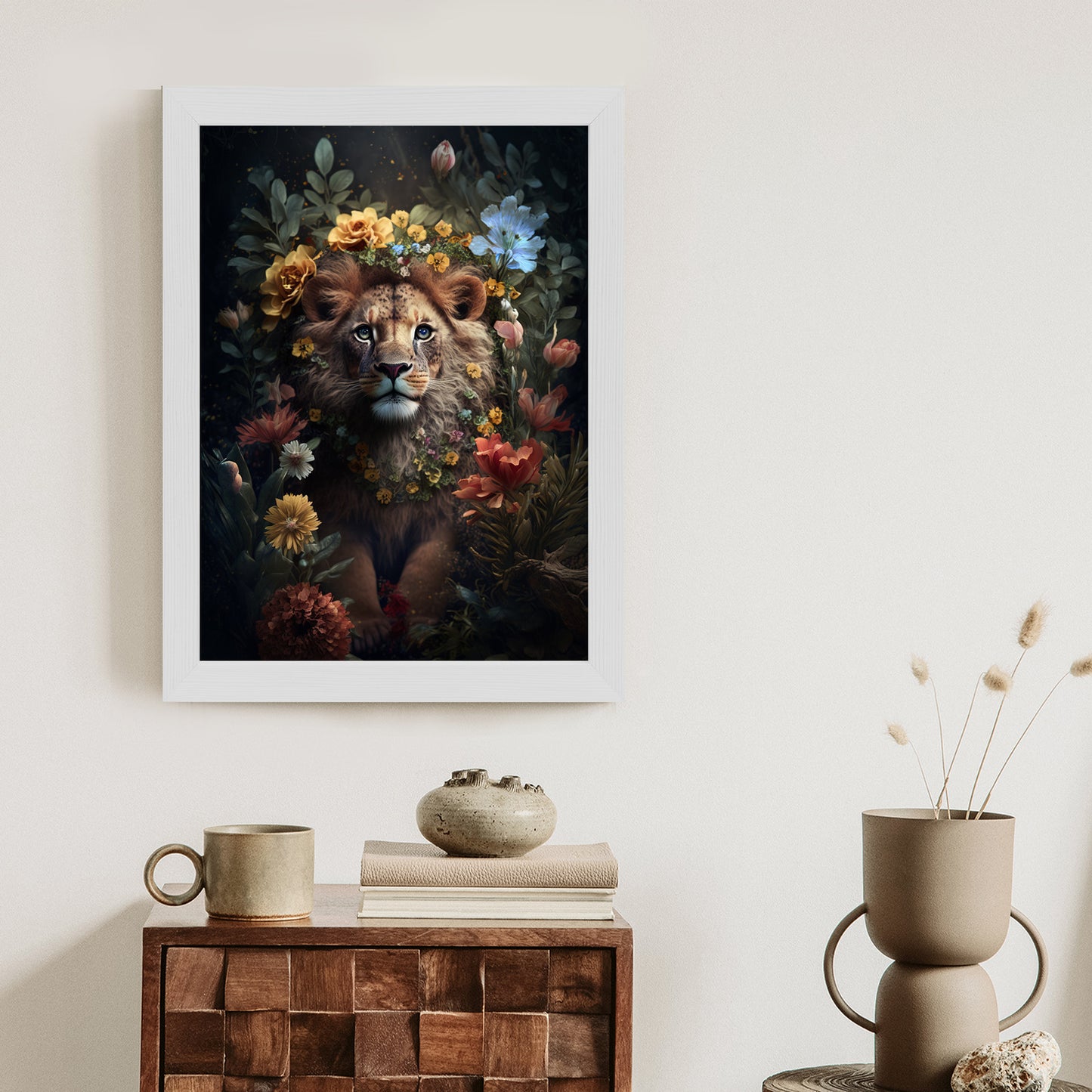 Poster Porträt Eines Löwen Inmitten Von Blumen Rahmen Holz Mit Passepartout Farbe Natürlich