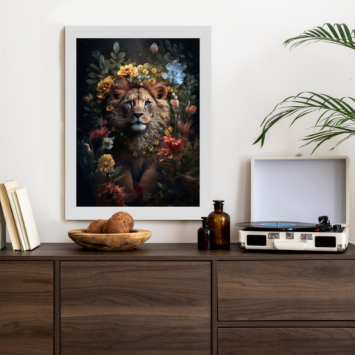 Poster Porträt Eines Löwen Inmitten Von Blumen Rahmen Holz Mit Passepartout Farbe Natürlich