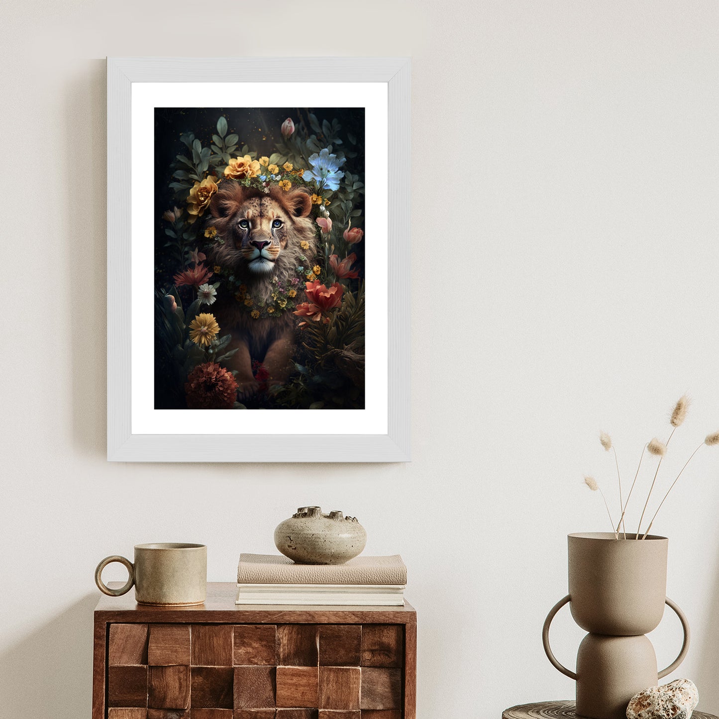 Poster Porträt Eines Löwen Inmitten Von Blumen Rahmen Holz Mit Passepartout Farbe Natürlich