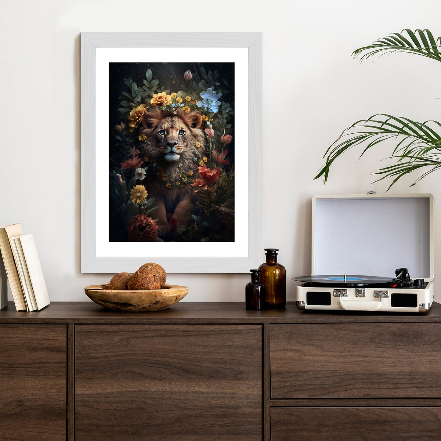 Poster Porträt Eines Löwen Inmitten Von Blumen Rahmen Holz Mit Passepartout Farbe Natürlich