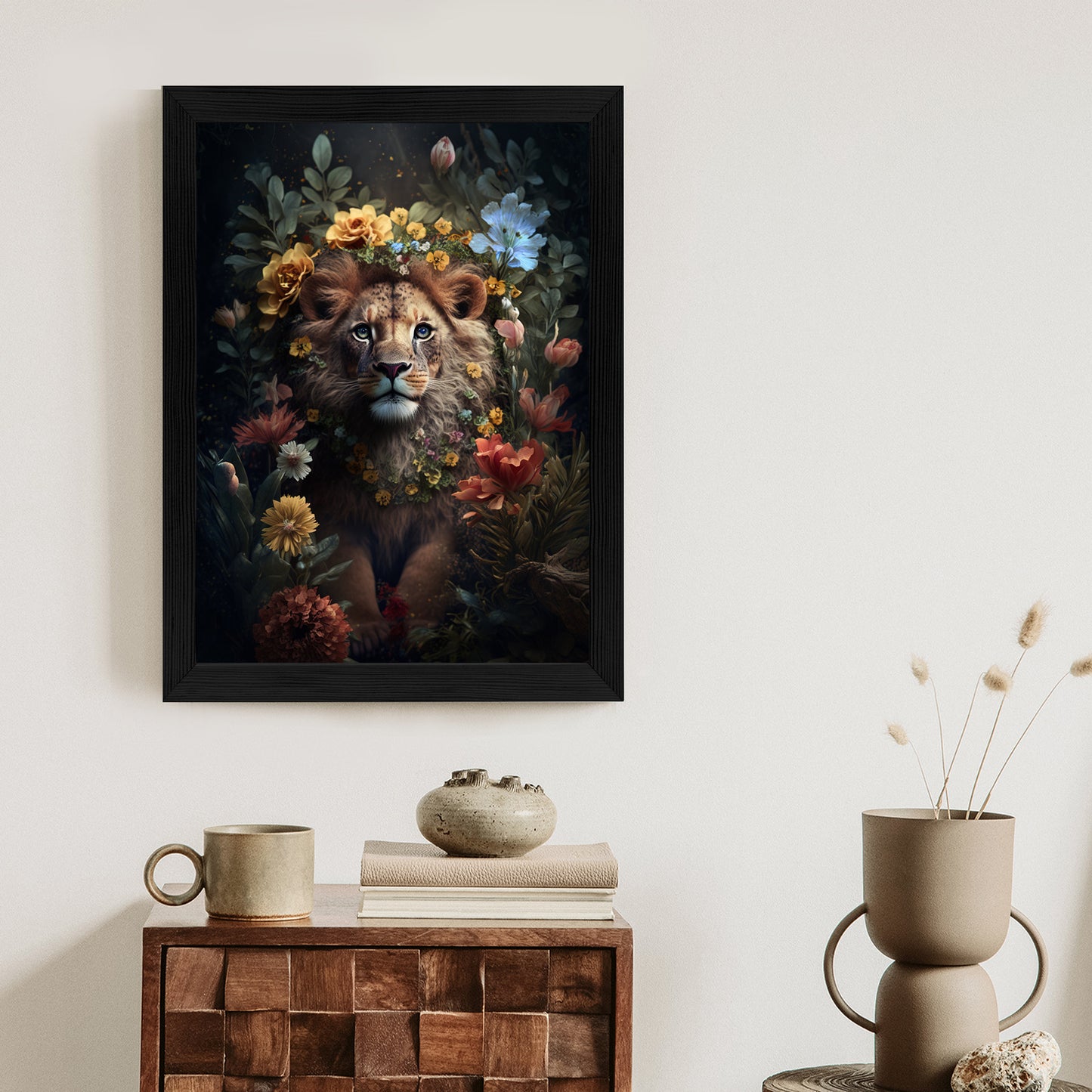 Poster Porträt Eines Löwen Inmitten Von Blumen Rahmen Holz Mit Passepartout Farbe Natürlich
