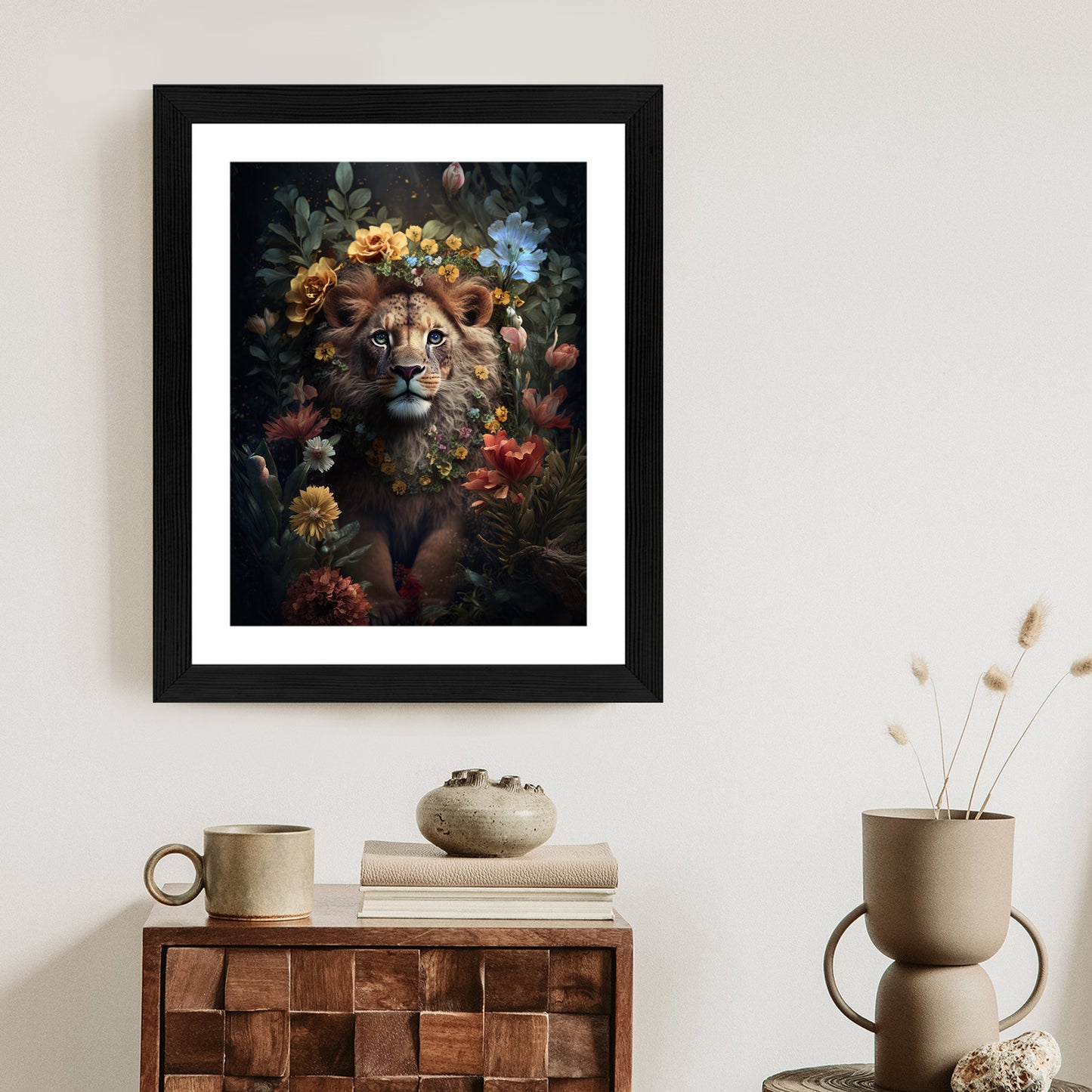 Poster Porträt Eines Löwen Inmitten Von Blumen Rahmen Holz Mit Passepartout Farbe Natürlich