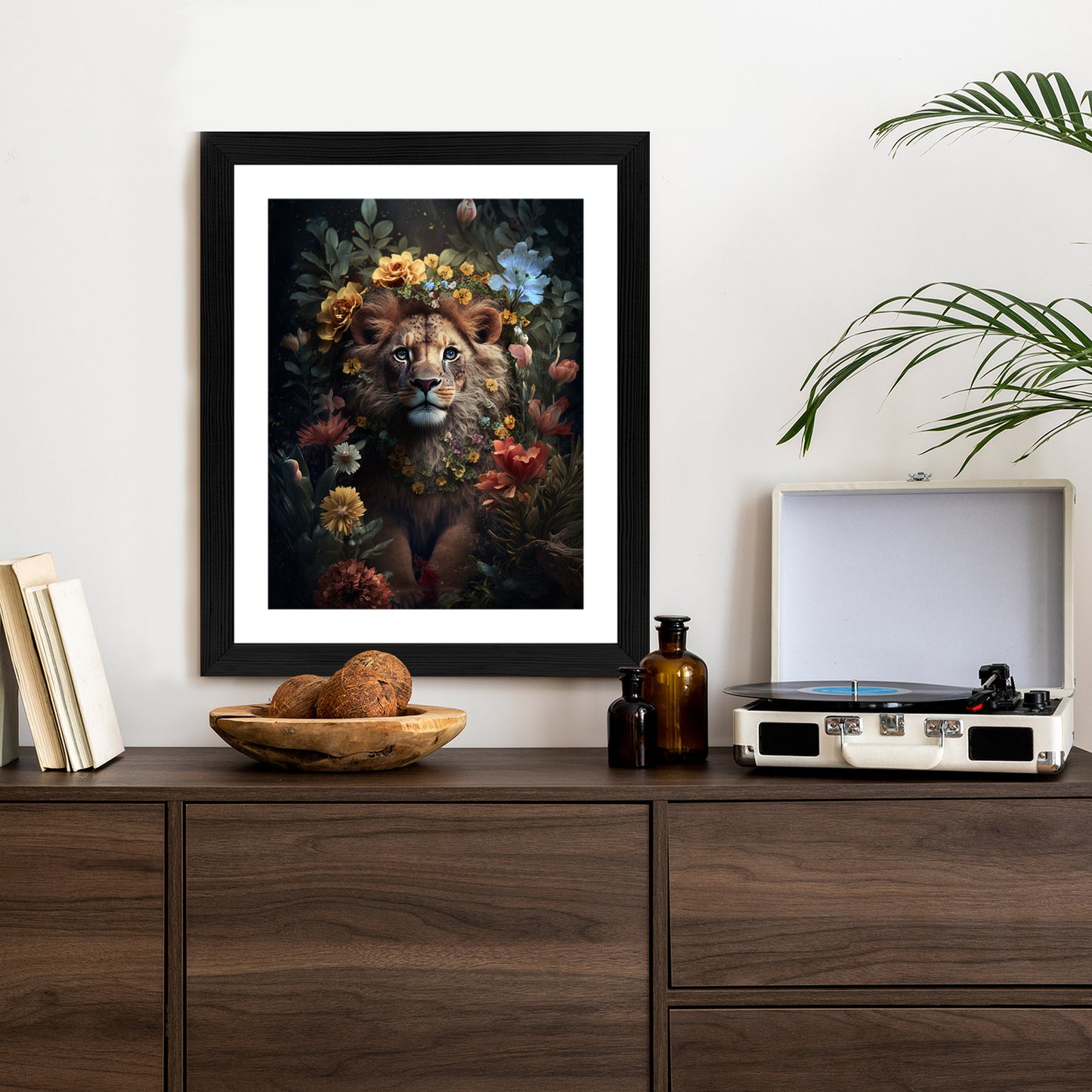 Poster Porträt Eines Löwen Inmitten Von Blumen Rahmen Holz Mit Passepartout Farbe Natürlich