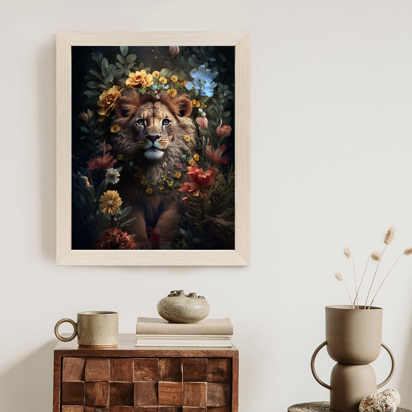 Poster Porträt Eines Löwen Inmitten Von Blumen Rahmen Holz Mit Passepartout Farbe Natürlich