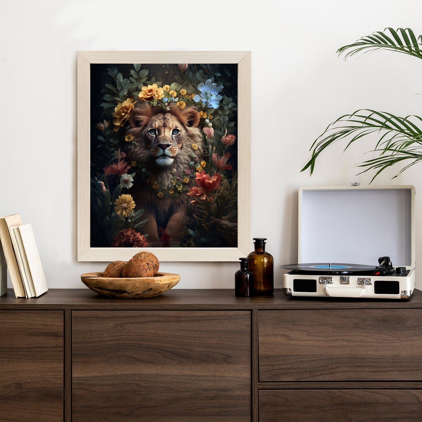Poster Porträt Eines Löwen Inmitten Von Blumen Rahmen Holz Mit Passepartout Farbe Natürlich