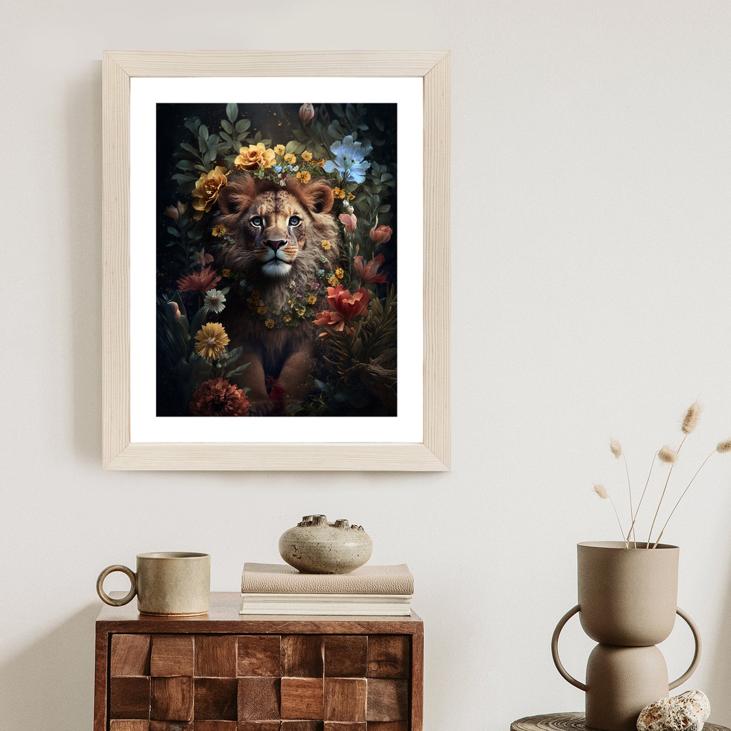 Poster Porträt Eines Löwen Inmitten Von Blumen Rahmen Holz Mit Passepartout Farbe Natürlich