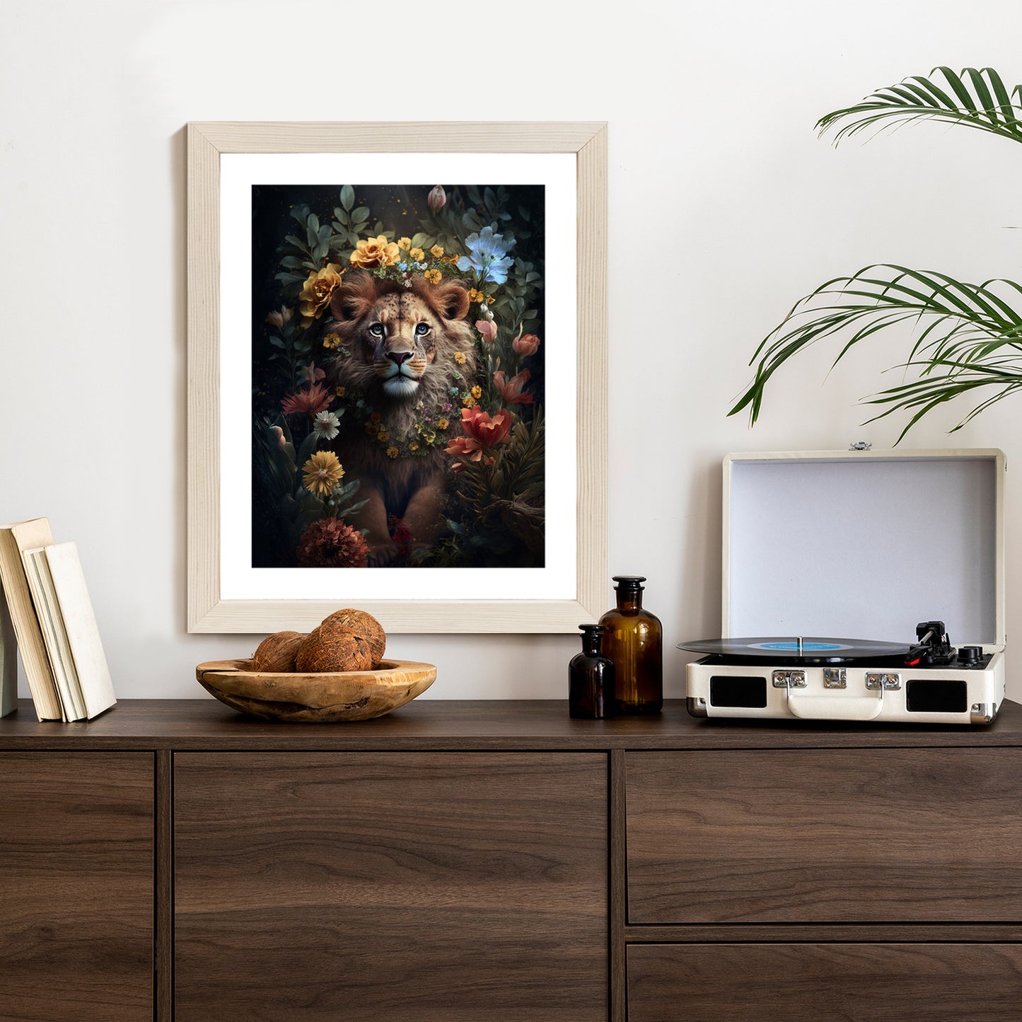 Poster Porträt Eines Löwen Inmitten Von Blumen Rahmen Holz Mit Passepartout Farbe Natürlich