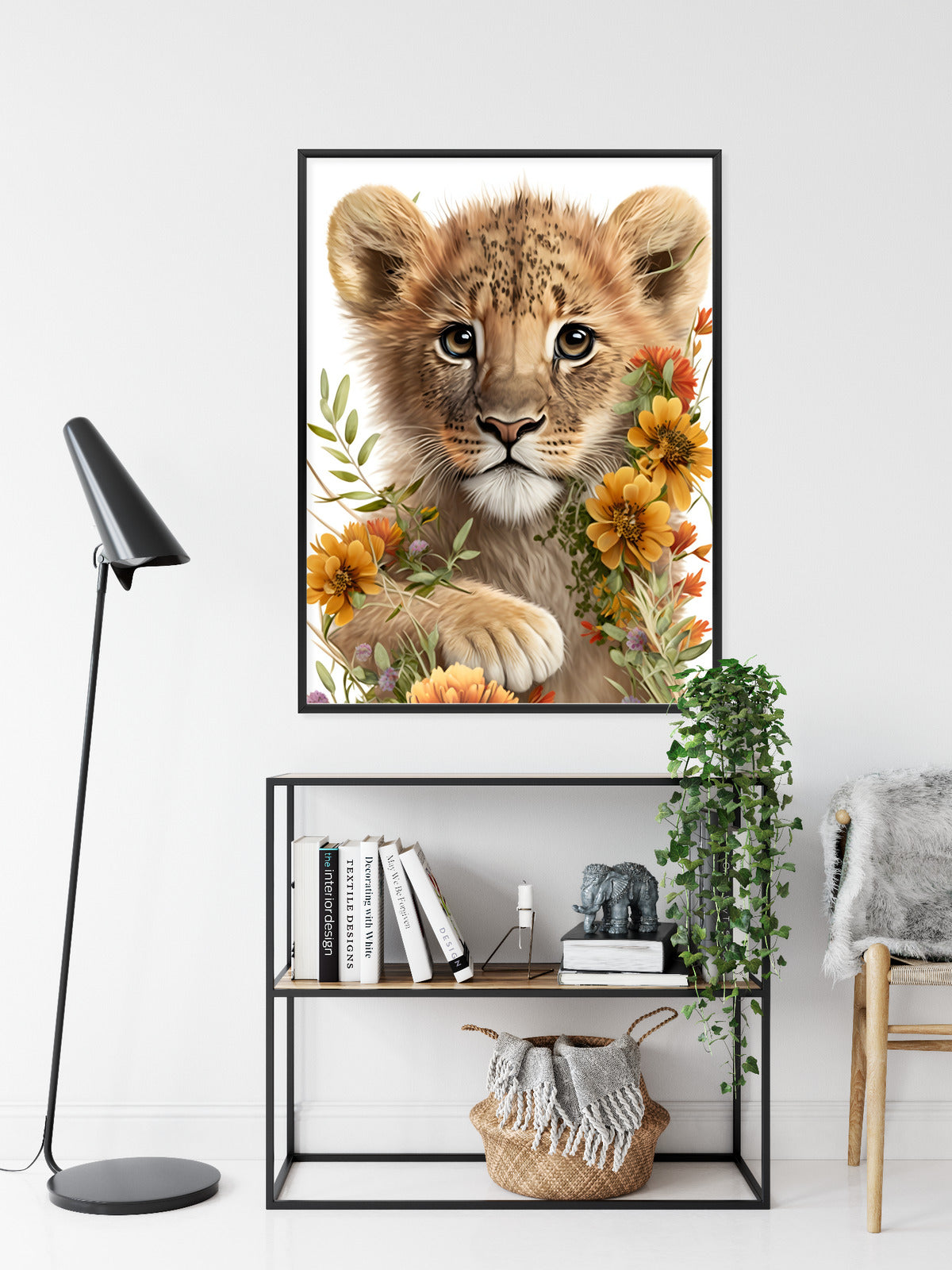 Poster Porträt Eines Löwenbabys In Blumen Rahmen Holz Mit Passepartout Farbe Natürlich