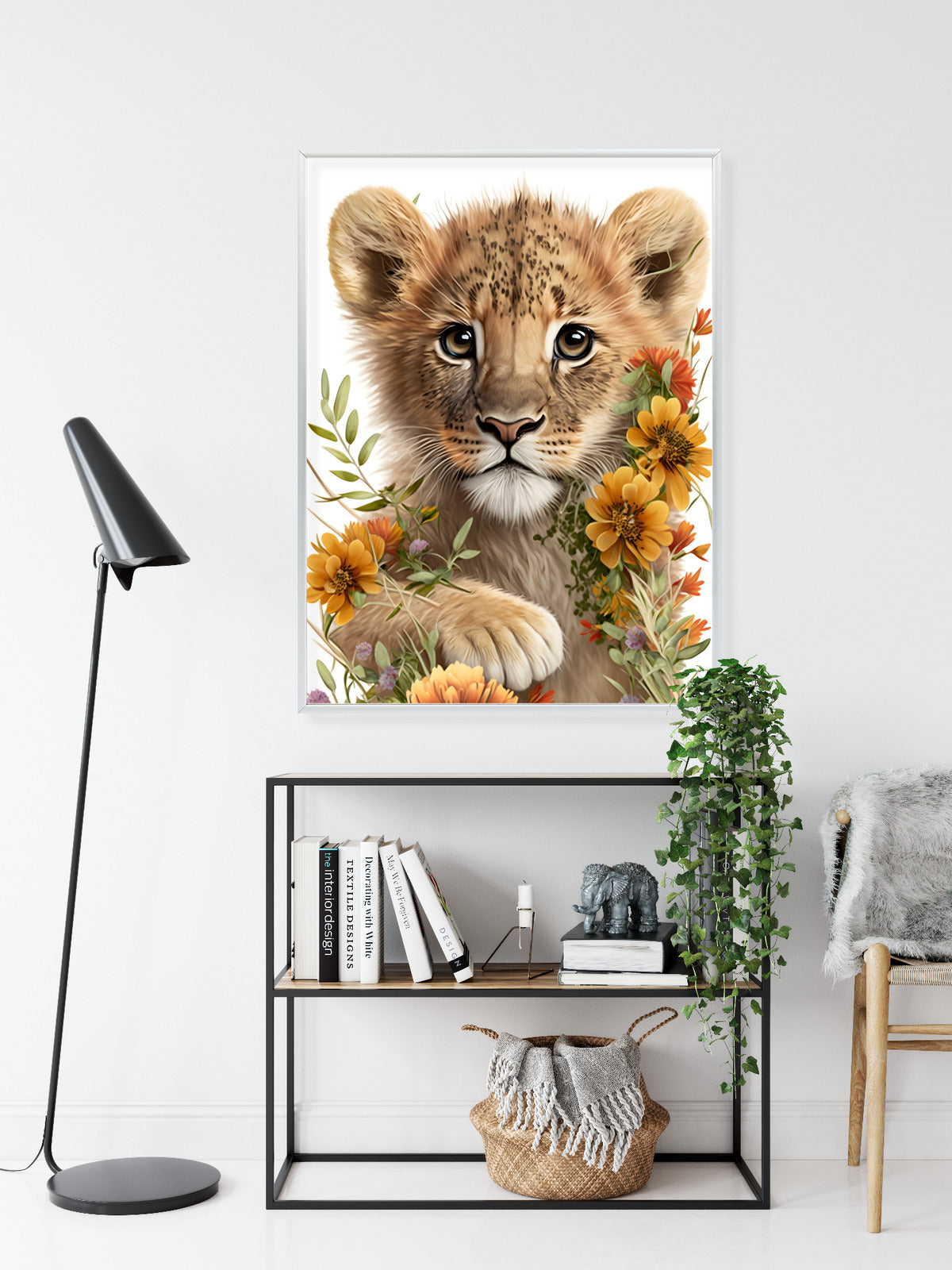 Poster Porträt Eines Löwenbabys In Blumen Rahmen Holz Mit Passepartout Farbe Natürlich