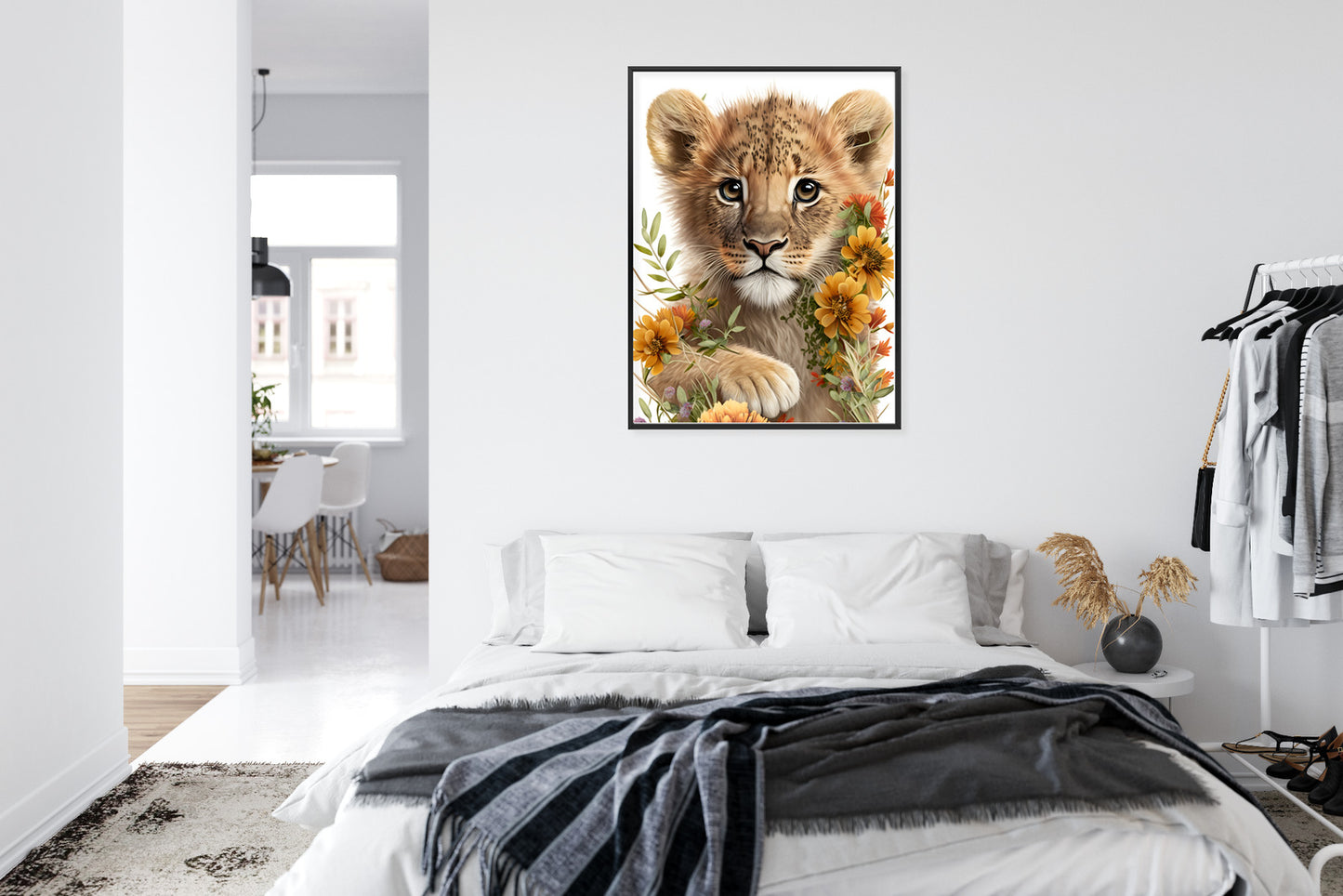 Poster Porträt Eines Löwenbabys In Blumen Rahmen Holz Mit Passepartout Farbe Natürlich