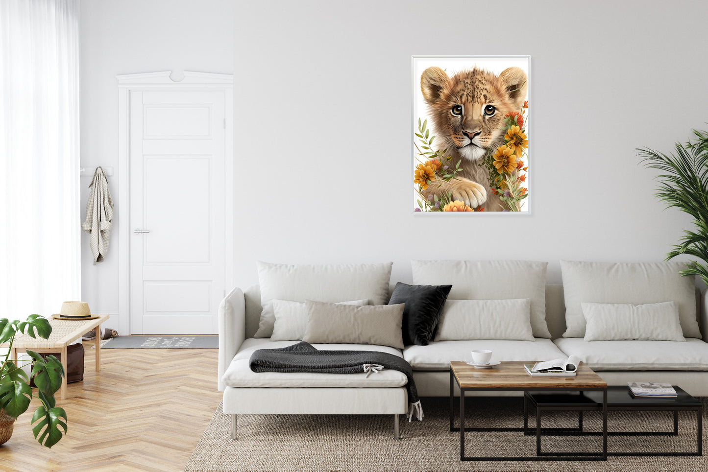 Poster Porträt Eines Löwenbabys In Blumen Rahmen Holz Mit Passepartout Farbe Natürlich