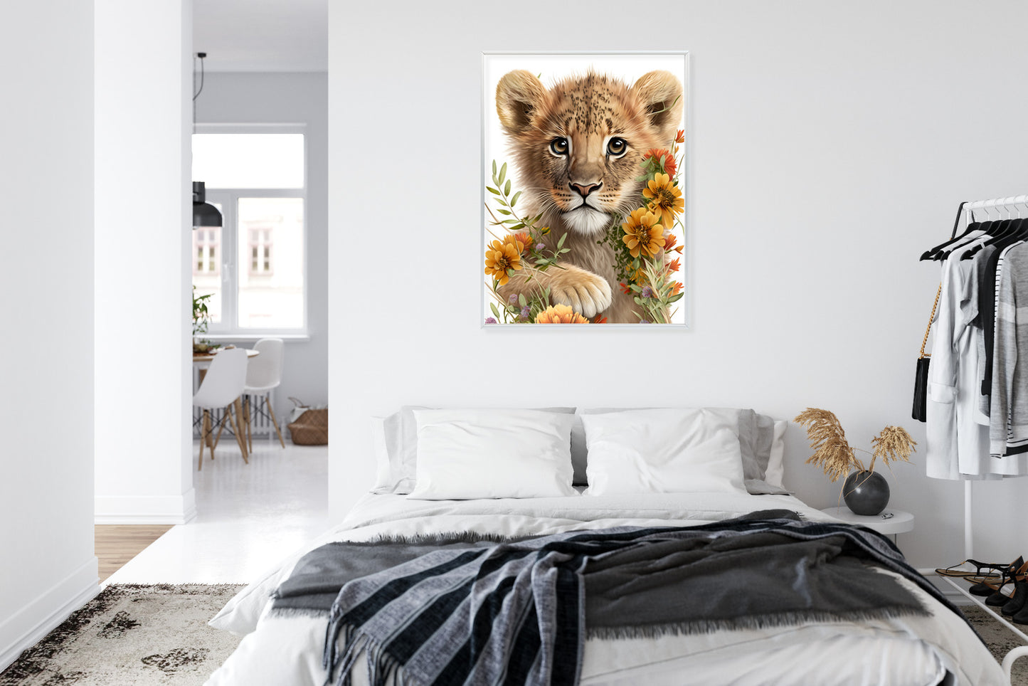 Poster Porträt Eines Löwenbabys In Blumen Rahmen Holz Mit Passepartout Farbe Natürlich