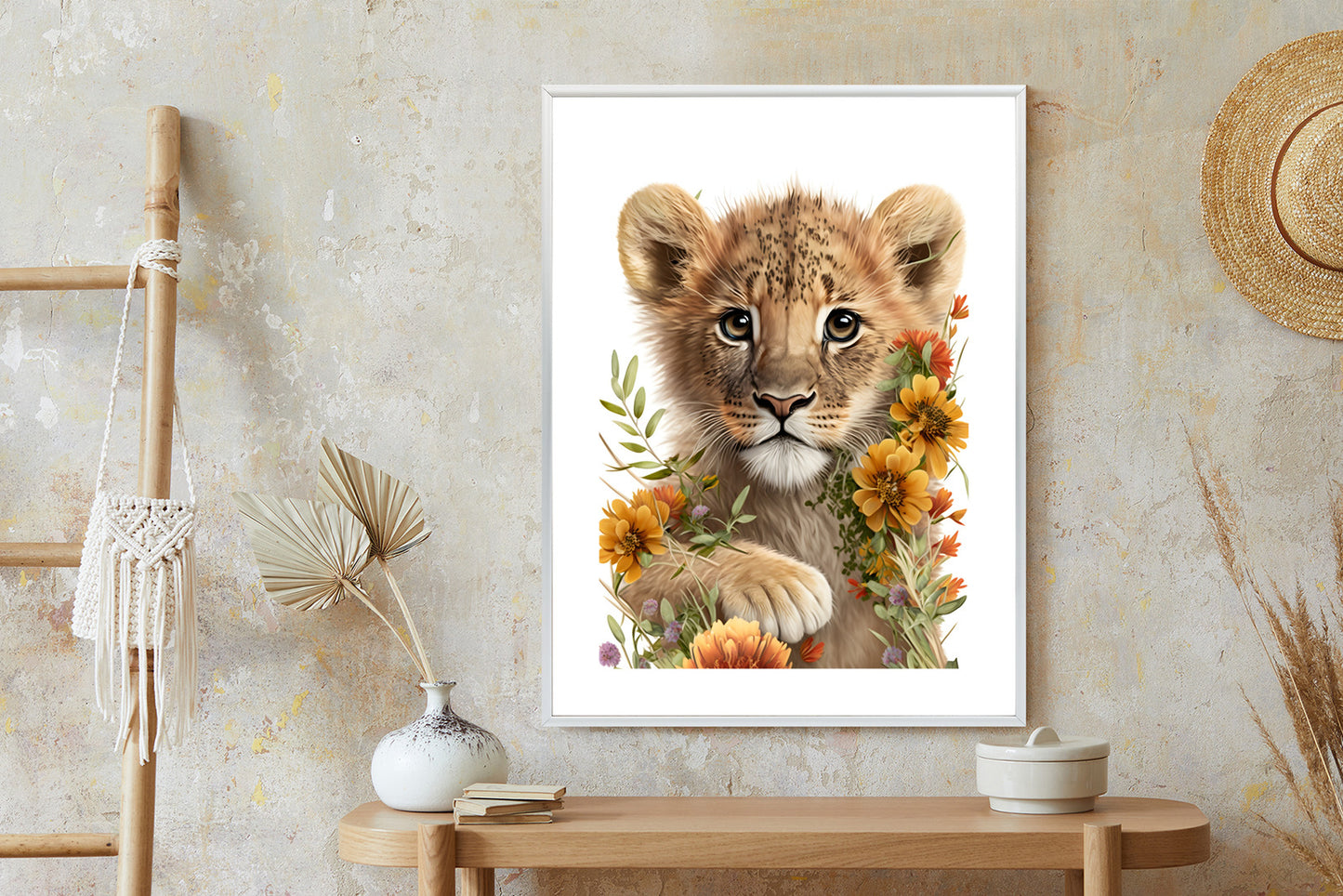Poster Porträt Eines Löwenbabys In Blumen Rahmen Holz Mit Passepartout Farbe Natürlich