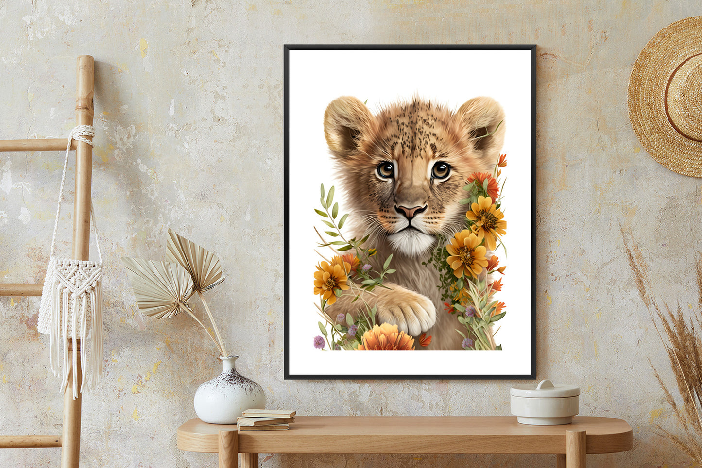 Poster Porträt Eines Löwenbabys In Blumen Rahmen Holz Mit Passepartout Farbe Natürlich