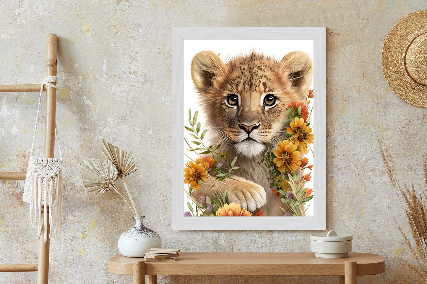 Poster Porträt Eines Löwenbabys In Blumen Rahmen Holz Mit Passepartout Farbe Natürlich