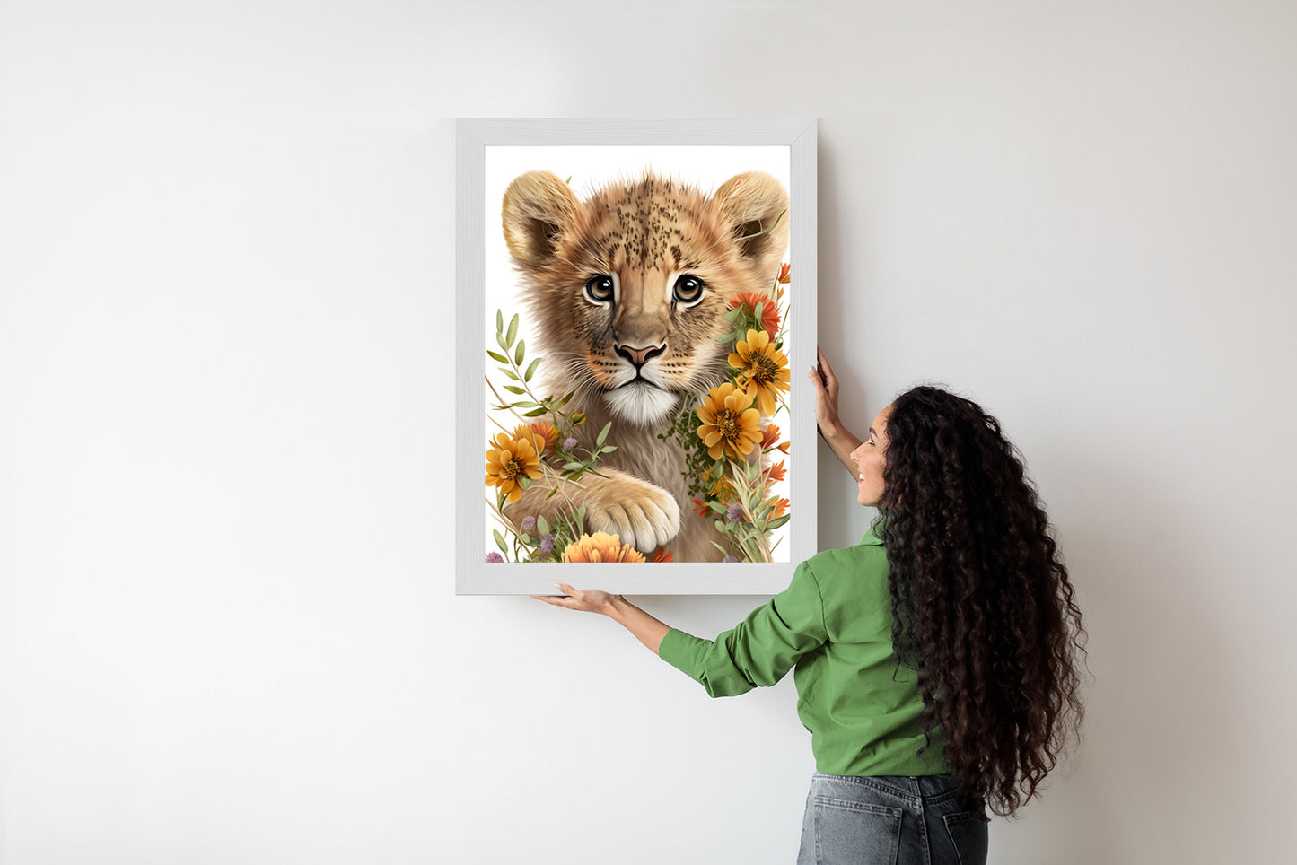 Poster Porträt Eines Löwenbabys In Blumen Rahmen Holz Mit Passepartout Farbe Natürlich