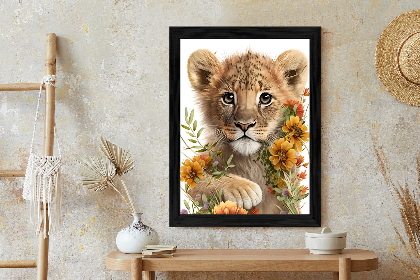 Poster Porträt Eines Löwenbabys In Blumen Rahmen Holz Mit Passepartout Farbe Natürlich