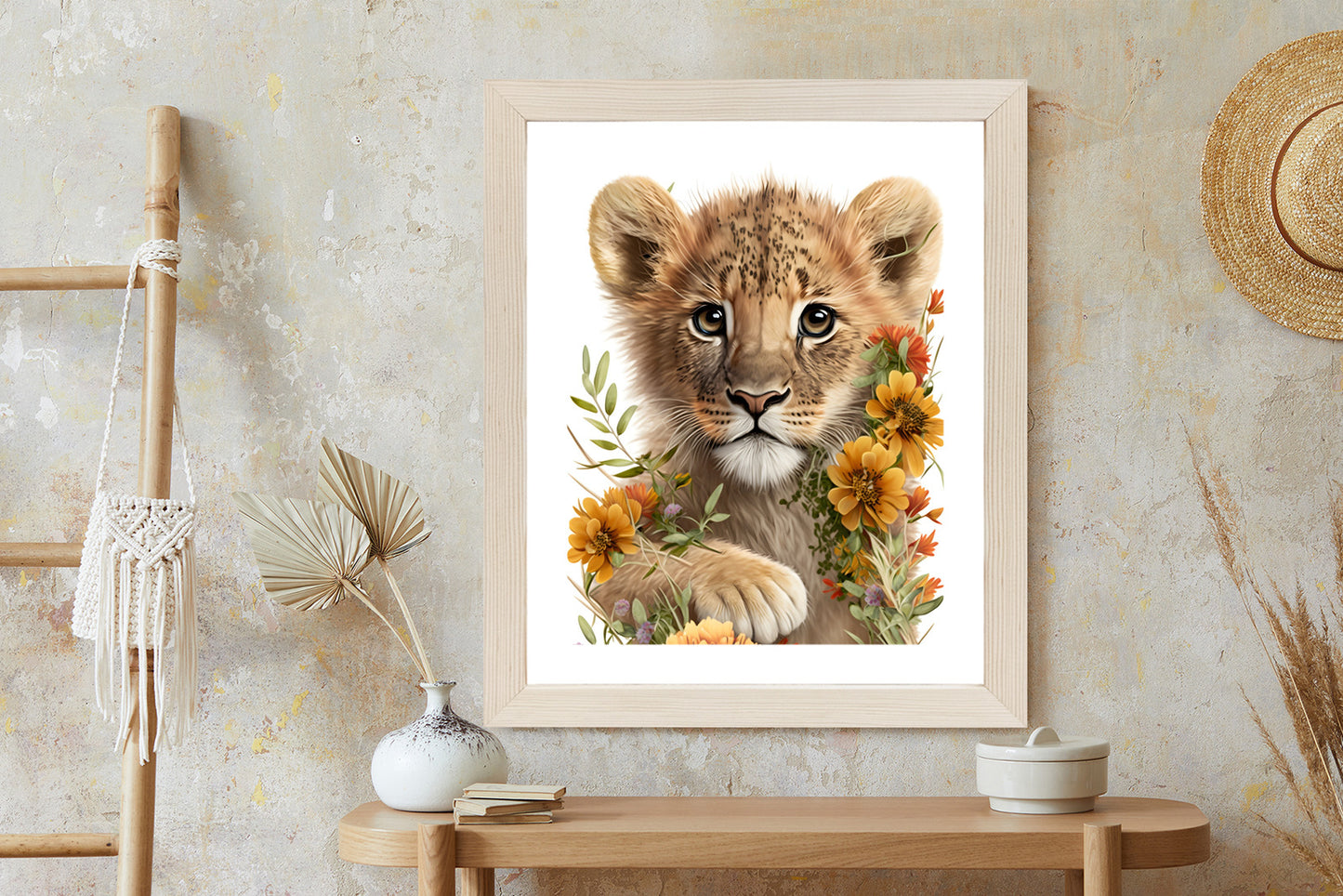 Poster Porträt Eines Löwenbabys In Blumen Rahmen Holz Mit Passepartout Farbe Natürlich
