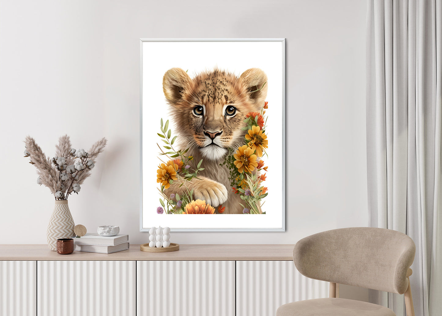Poster Porträt Eines Löwenbabys In Blumen Rahmen Holz Mit Passepartout Farbe Natürlich