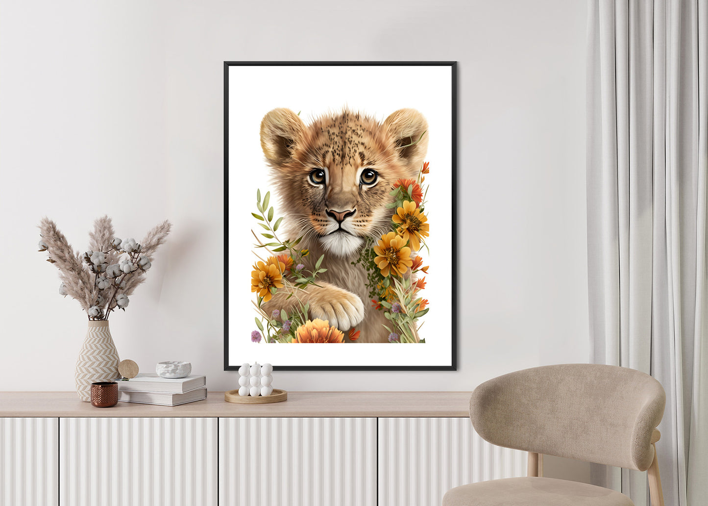 Poster Porträt Eines Löwenbabys In Blumen Rahmen Holz Mit Passepartout Farbe Natürlich