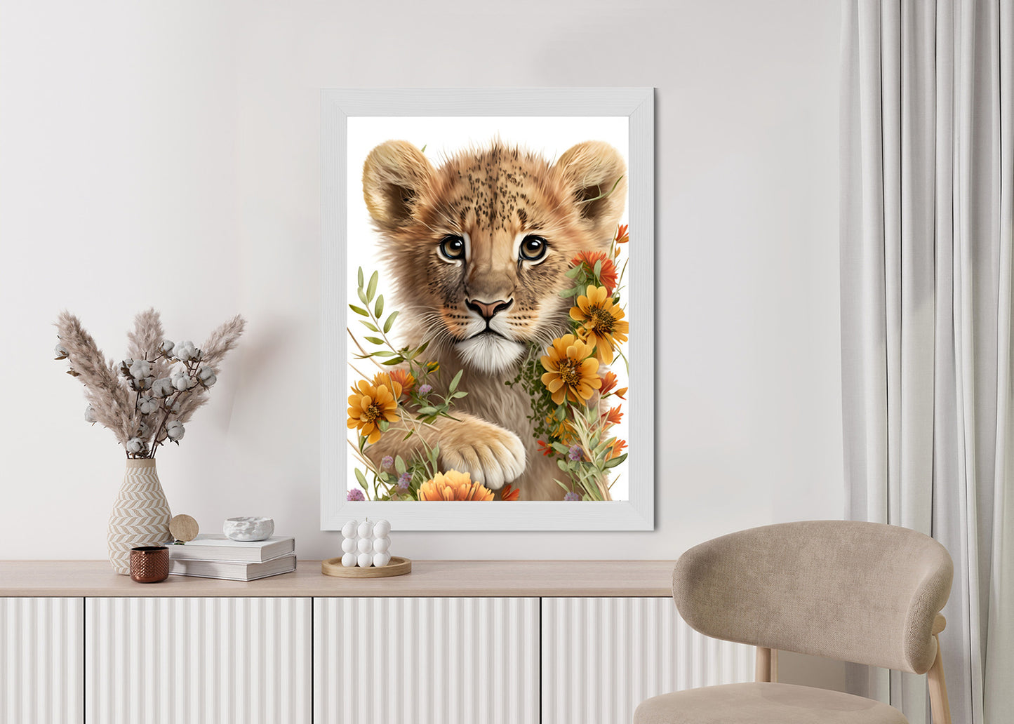 Poster Porträt Eines Löwenbabys In Blumen Rahmen Holz Mit Passepartout Farbe Natürlich
